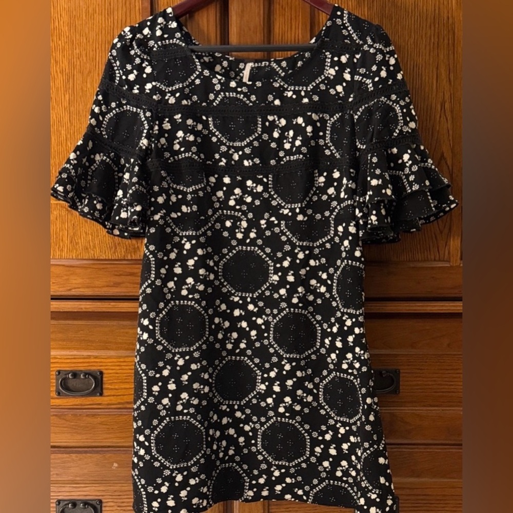 Free People Geo Garden Mini Shift Ruffle Boho Cottagecore Goth Romantic LBD